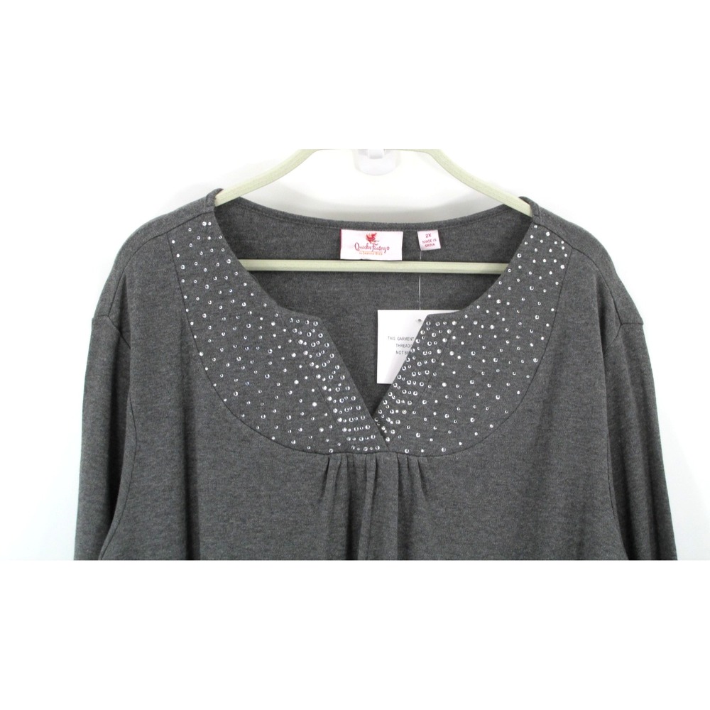 NWT QUACKER FACTORY Pullover Tunic Sweater Women Plus 3X Gray Studs Rhinestones - Picture 2 of 16